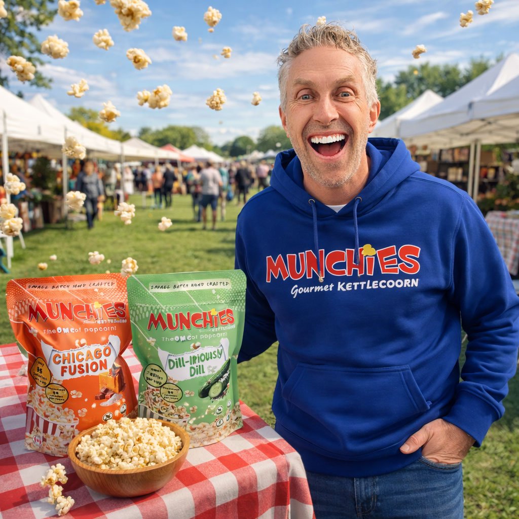 Adam at the Market standing next to his Munchies Gourmet Kettlecorn branded popcorn and wearing a blue hoodie with his company logo.